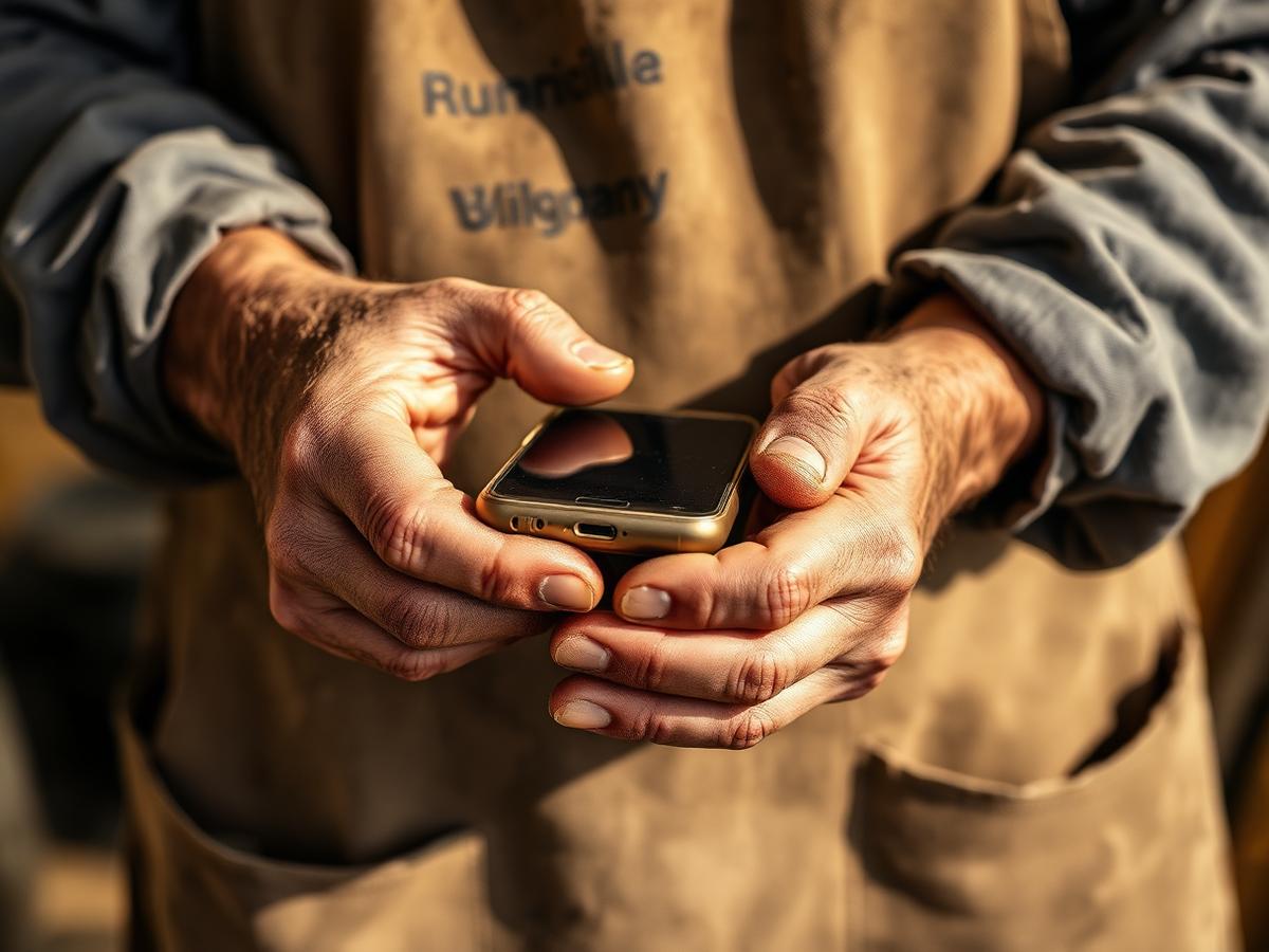 Hände eines Handwerkers mit Smartphone
